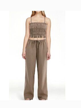 NO BOUNDARIES / Seersucker Wide-Leg Check Lounge Pants in Mauve Brown